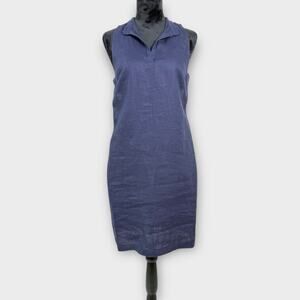 Nomia Linen Dress Size 10 Navy Blue Side Cut Outs Pockets Minimalist Made in USA
